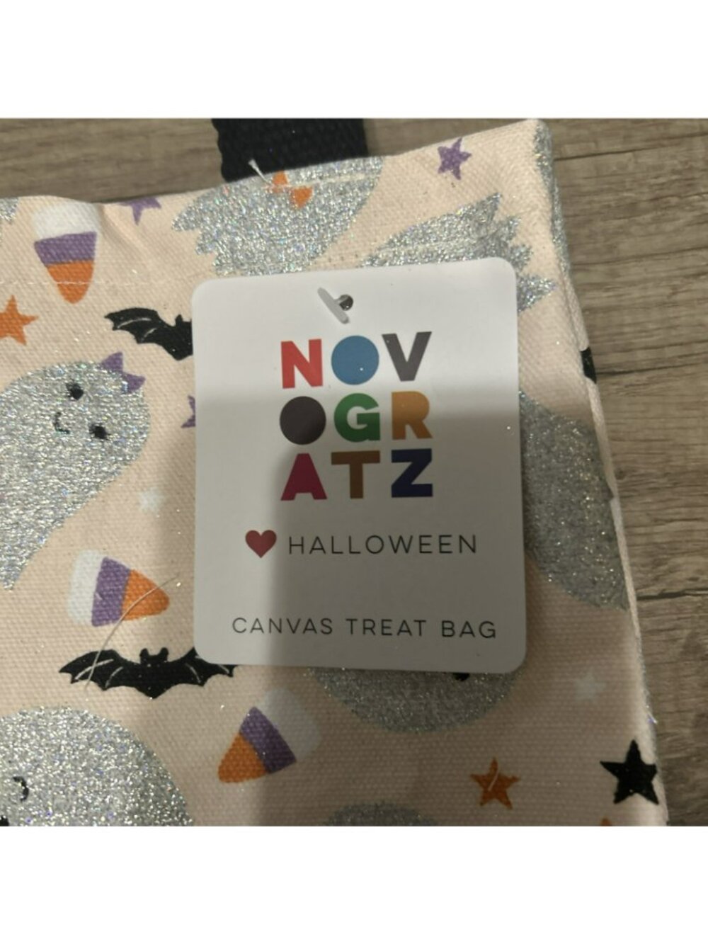 Novogratz Halloween Canvas Treat Bag Glittery Ghosts Bats & Candy Corn Pattern - Picture 2 of 3